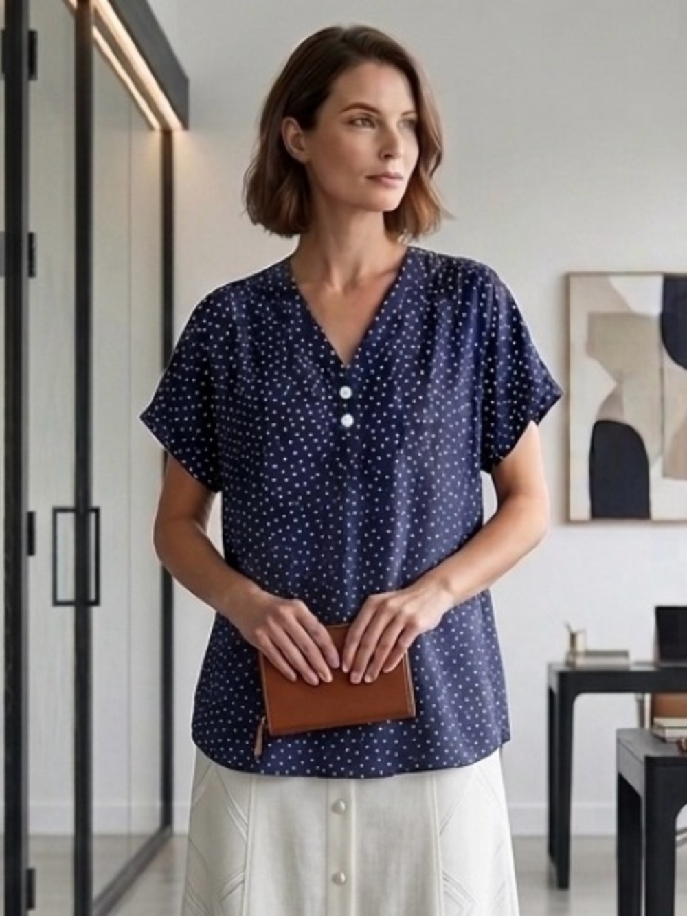 Navy Polka Dot V-Neck Short Sleeve Blouse